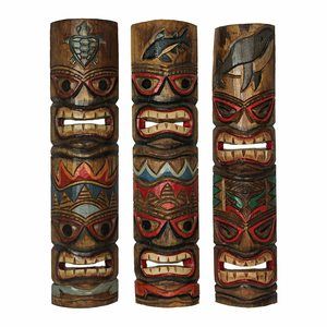 Set Of 3 Hand-carved Brown Wood Double Tiki Mask Ocean Animal Totem Wall Decor💓